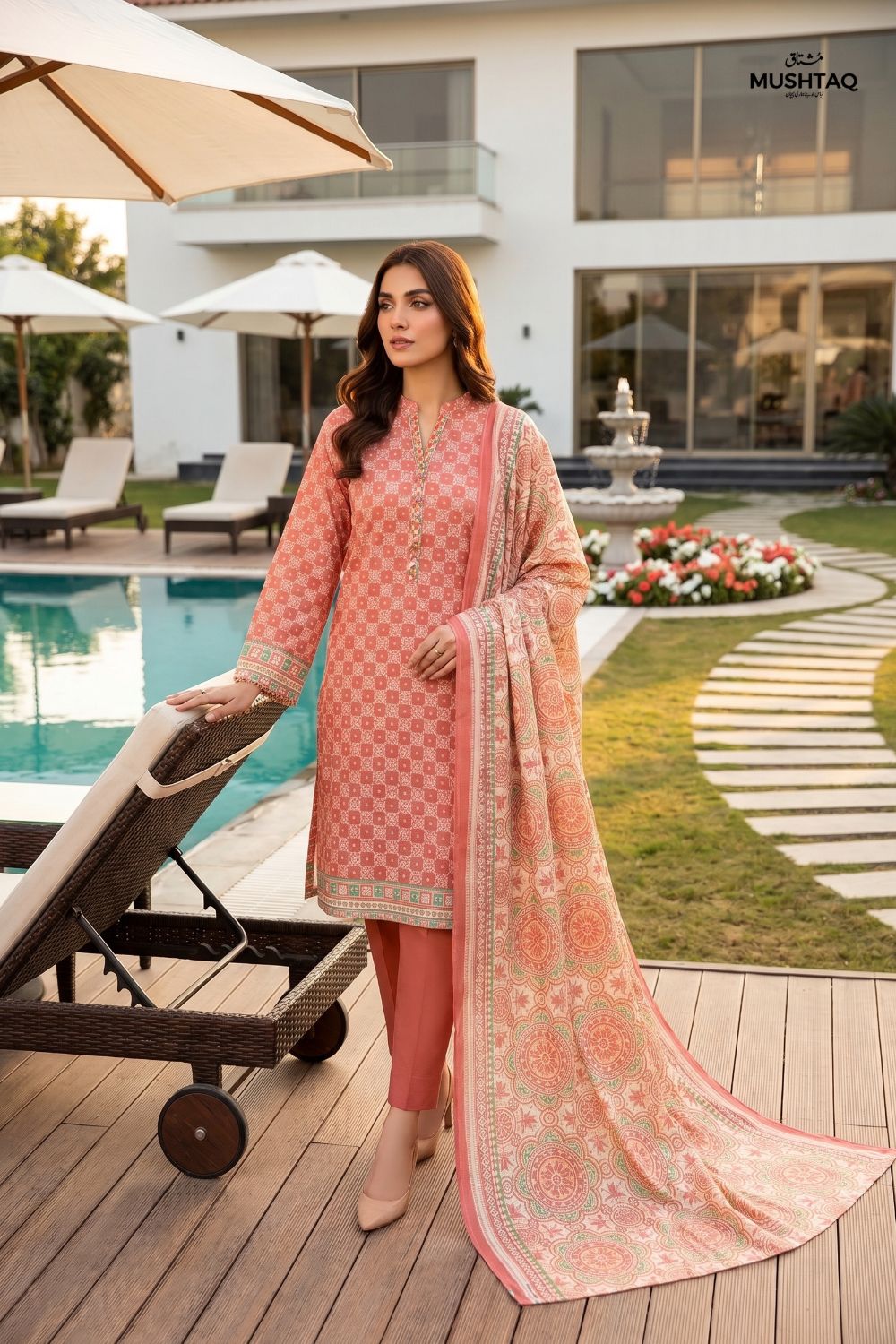 Mushtaq 3Pcs Unstitched Printed Lawn Hoorain Collection Desgin - 4