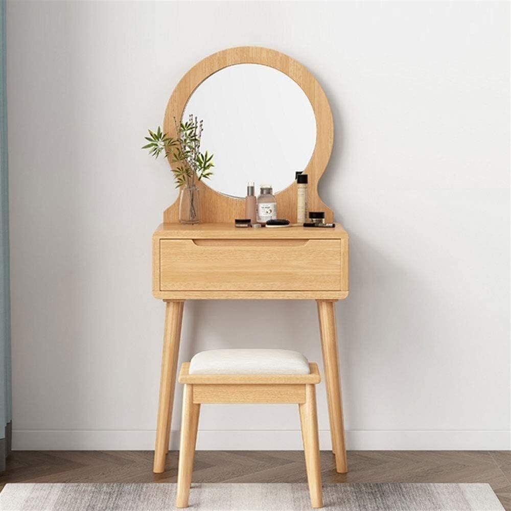 Nordic Solid Wood Makeup Desk with Mirror & Drawers – Space Saving Mini Dresser (60cm / 70cm)