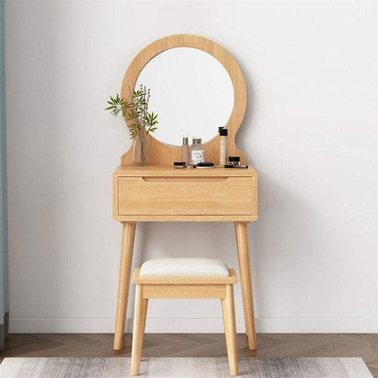 Nordic Solid Wood Makeup Desk with Mirror & Drawers – Space Saving Mini Dresser (60cm / 70cm)