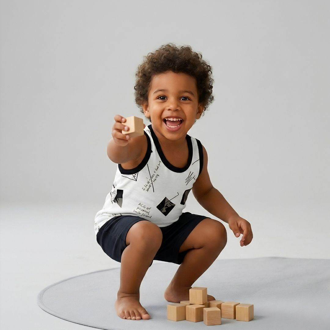 Kids Sandos & Shorts | Pack Of 3 | Printed Lines, Flowers & Doodles