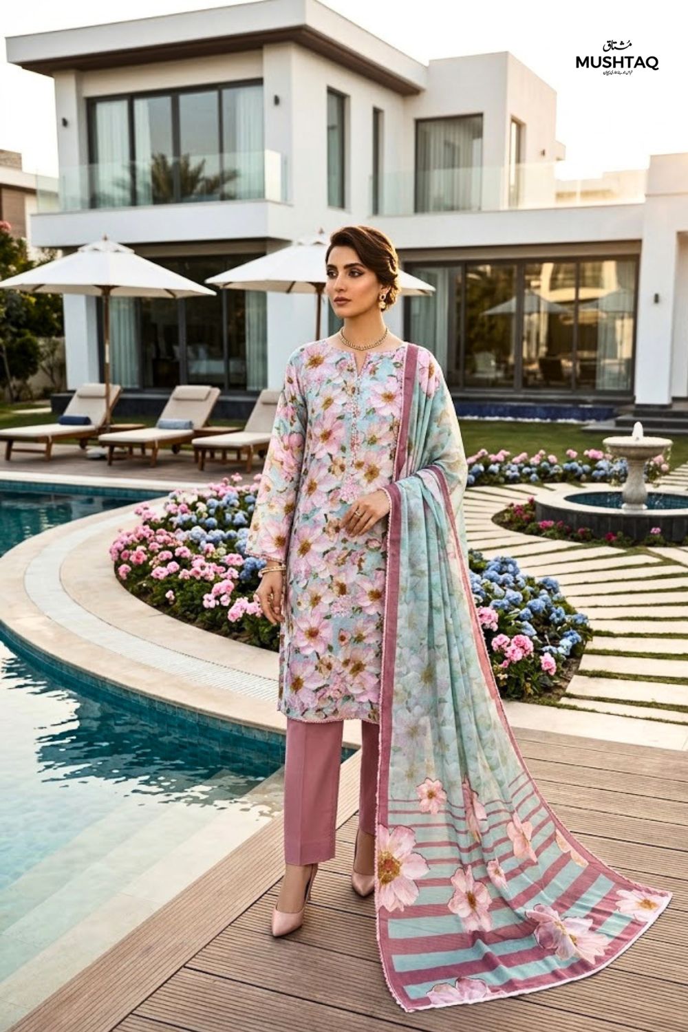 Mushtaq Noor-e-Haram Collection 3Pcs Unstitched Embroidered Lawn Desgin - 5