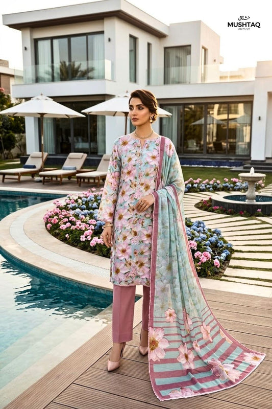 Mushtaq Noor-e-Haram Collection 3Pcs Unstitched Embroidered Lawn Desgin - 5