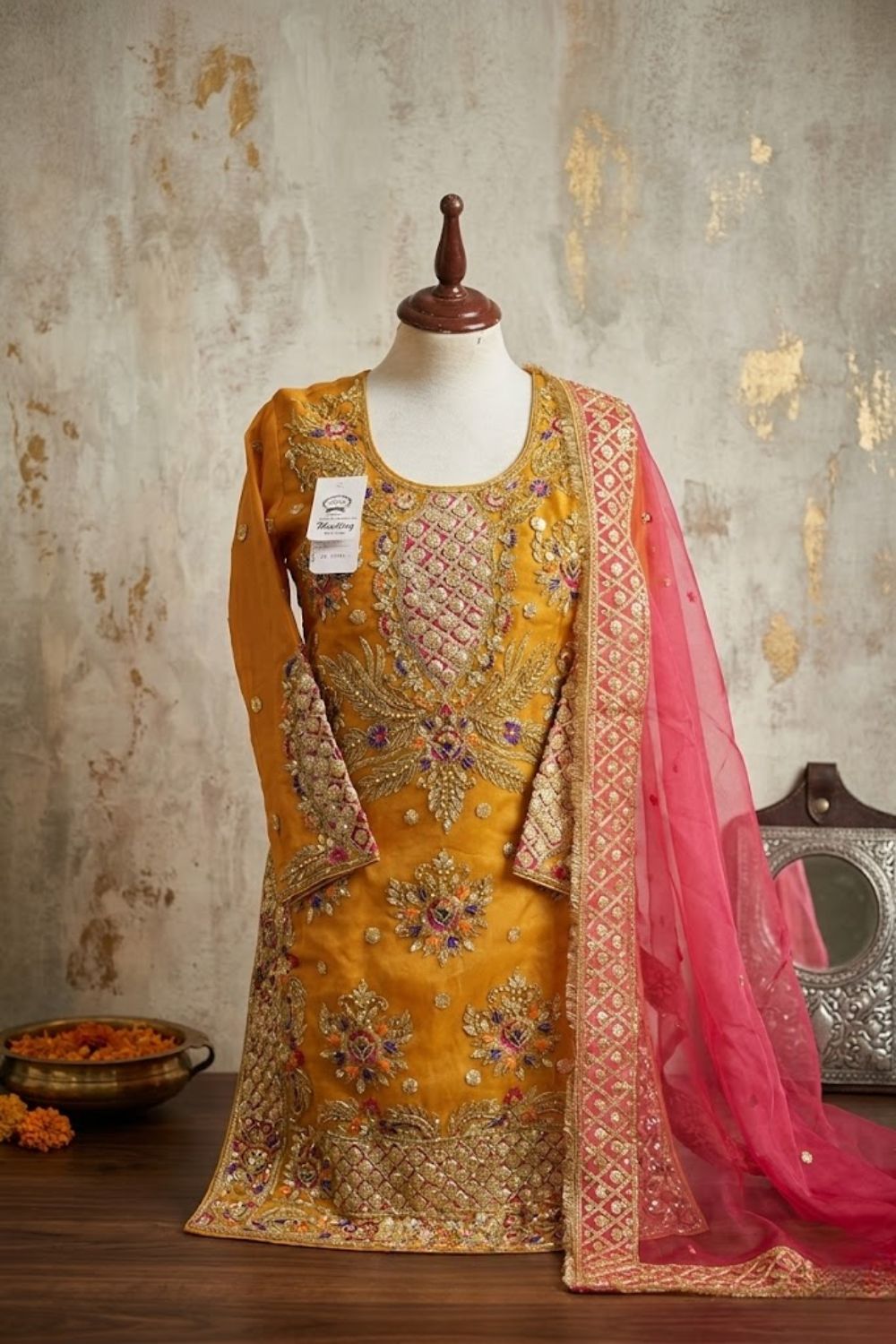 Sunehri Mehndi Bridal Wear by MCS Unstitched Handmade Net Shirt With Banarsi sharara Mehndi Wear Collection