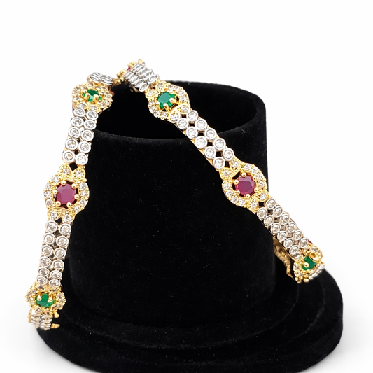 Floral Stone Bangle – Gold Tone with Red & Green Stones (Size 2.10)