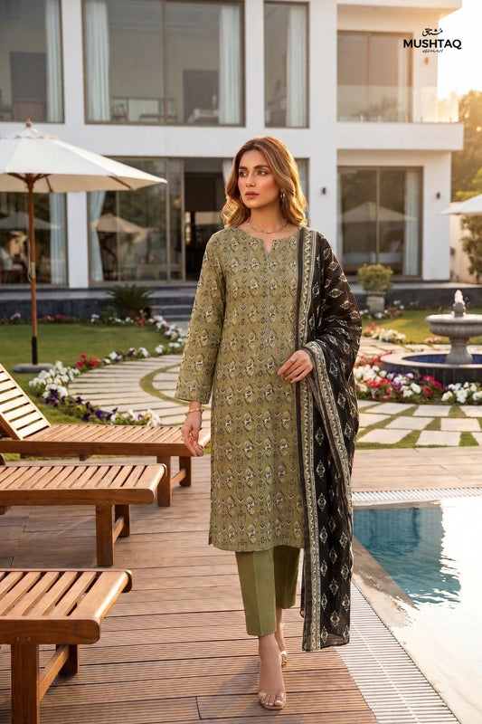 Mushtaq 3Pcs Unstitched Printed Lawn Hoorain Collection Desgin - 6