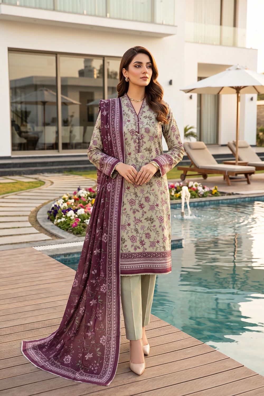 Mushtaq 3Pcs Unstitched Printed Lawn Poshak Collection Desgin - 5