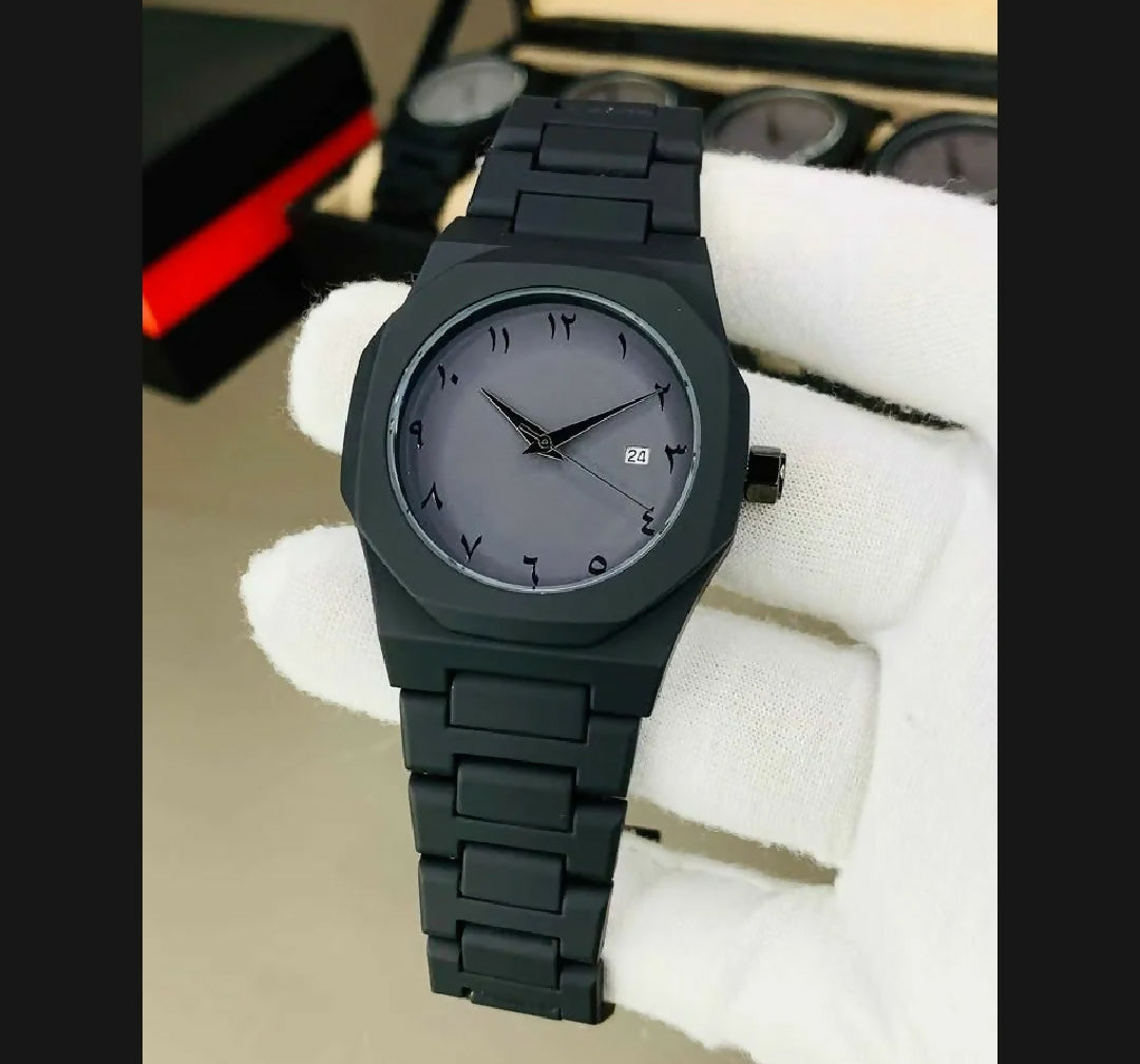 Black Arabic Aura Watch Stylish with Butterfly Lock With box