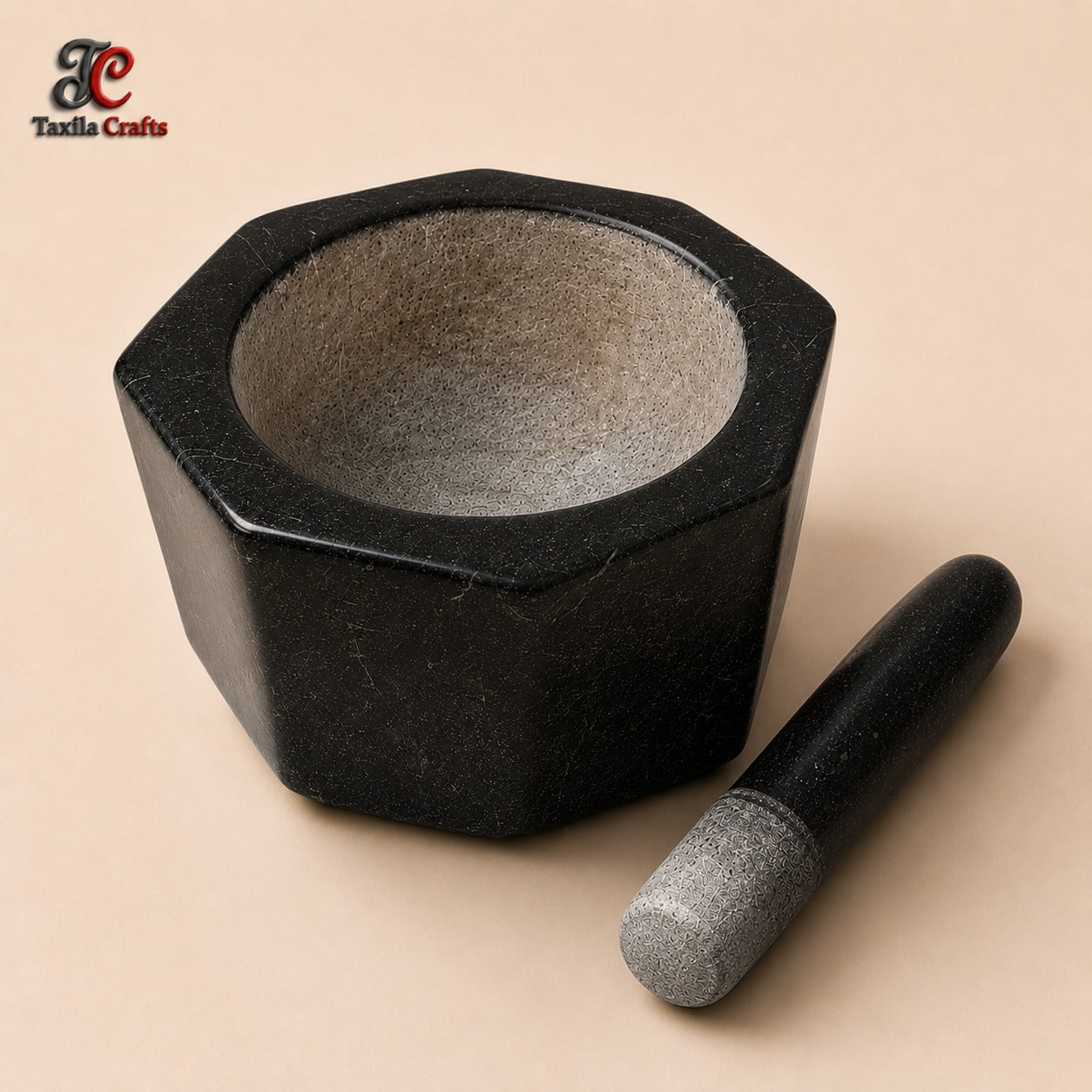 Taxila Crafts 8 Inch Crystal Shape Taxila Hills Black Stone Mortar and Pestle Set with 8 Inch Pestle