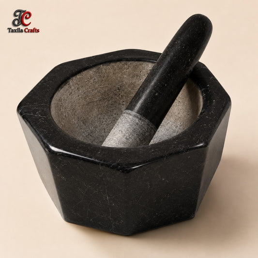 Taxila Crafts 8 Inch Crystal Shape Taxila Hills Black Stone Mortar and Pestle Set with 8 Inch Pestle