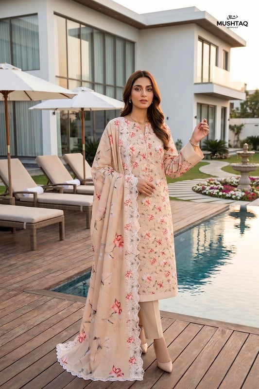 3-Piece Unstitched Printed Lawn Suit with Two-Sided Embroidered Dupatta | Mushtaq Esha Collection – Design 6