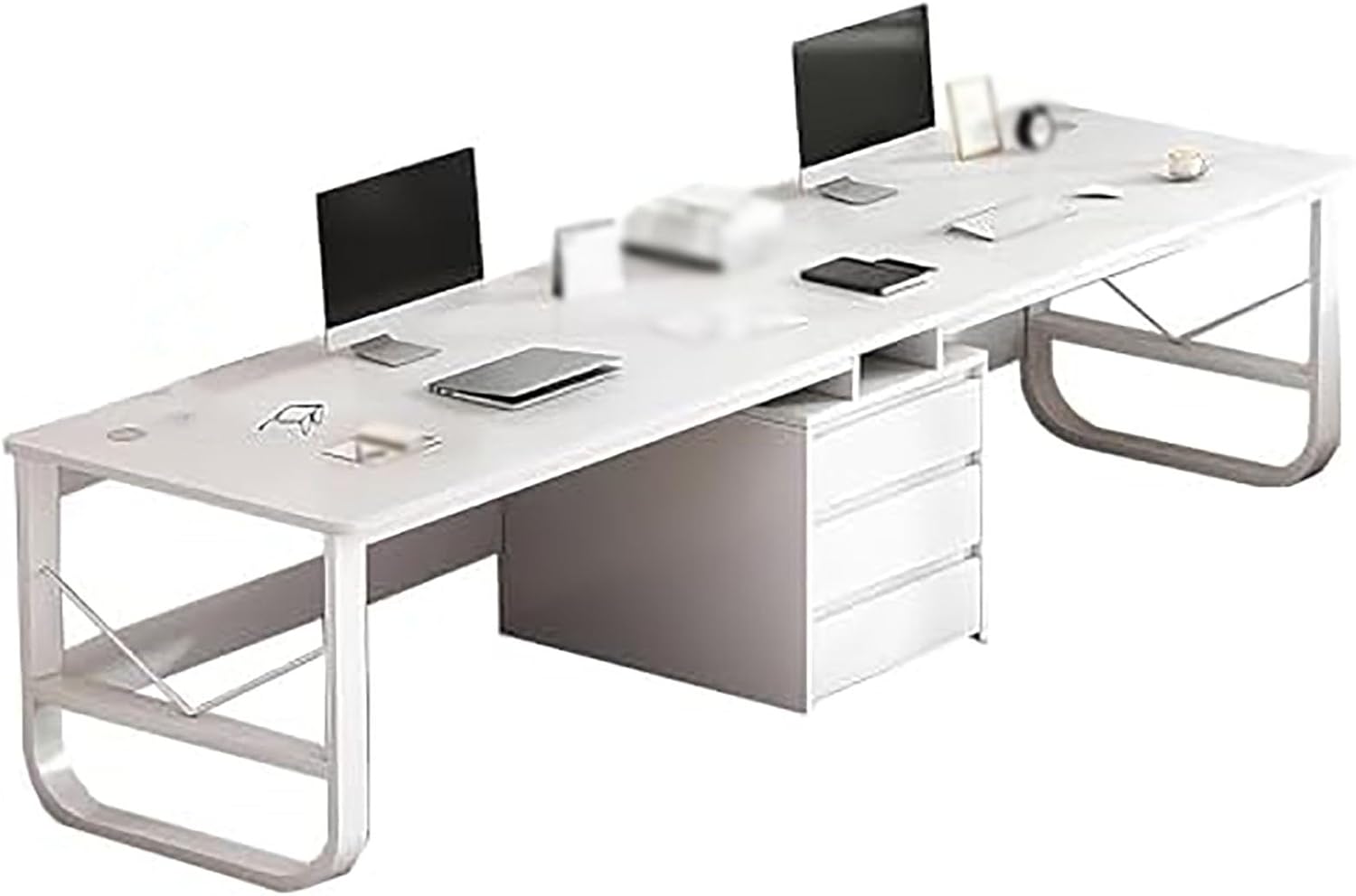 Double Curved Wooden Desk with Metal Legs – 200cm Dual Workstation Office Table (White)