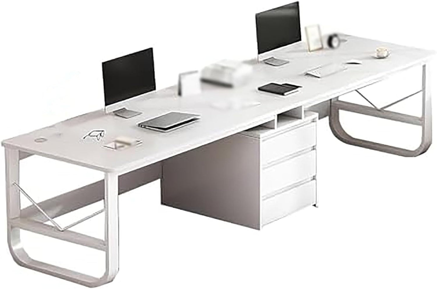 Double Curved Wooden Desk with Metal Legs – 200cm Dual Workstation Office Table (White)