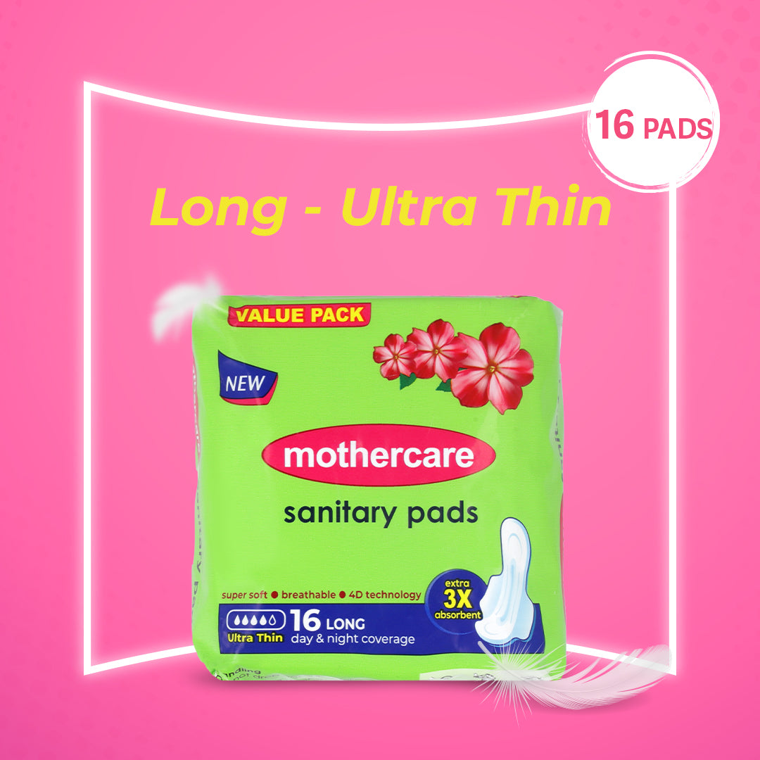 Mothercare Ultra Thin Long Sanitary Pads  4D Technology Super Soft and Breathable 16 Pads