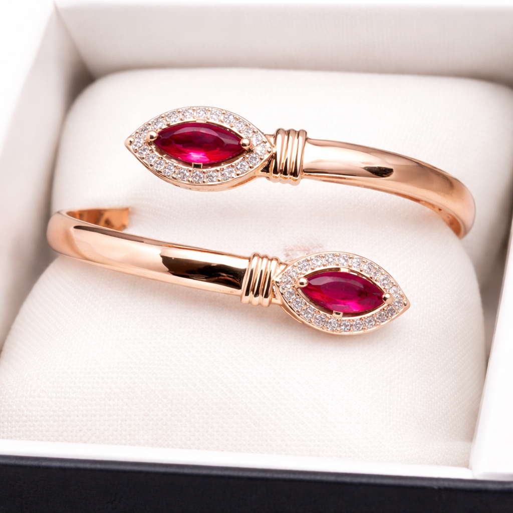 Adjustable Leaf Style Bangles – Red Stone Elegance (Open Size Fit)