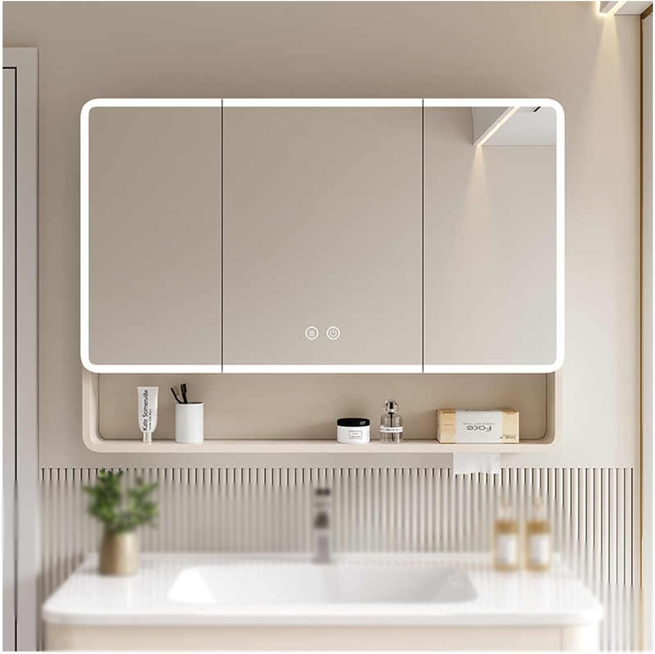 LED Bathroom Mirror Cabinet with 3 Doors – 90cm Wall Mounted Storage Unit with Touch Light & Anti-Fog (White)