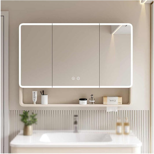 LED Bathroom Mirror Cabinet with 3 Doors – 90cm Wall Mounted Storage Unit with Touch Light & Anti-Fog (White)