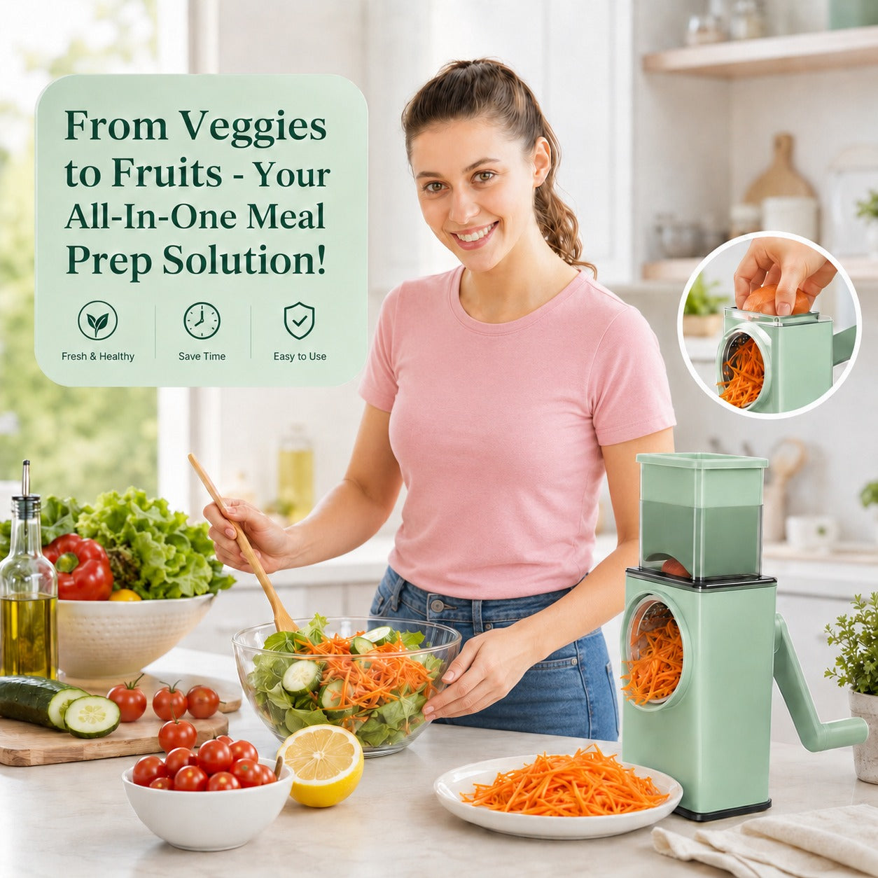 3-in-1 Rotary Vegetable Slicer & Cheese Grater - Manual Drum Cutter