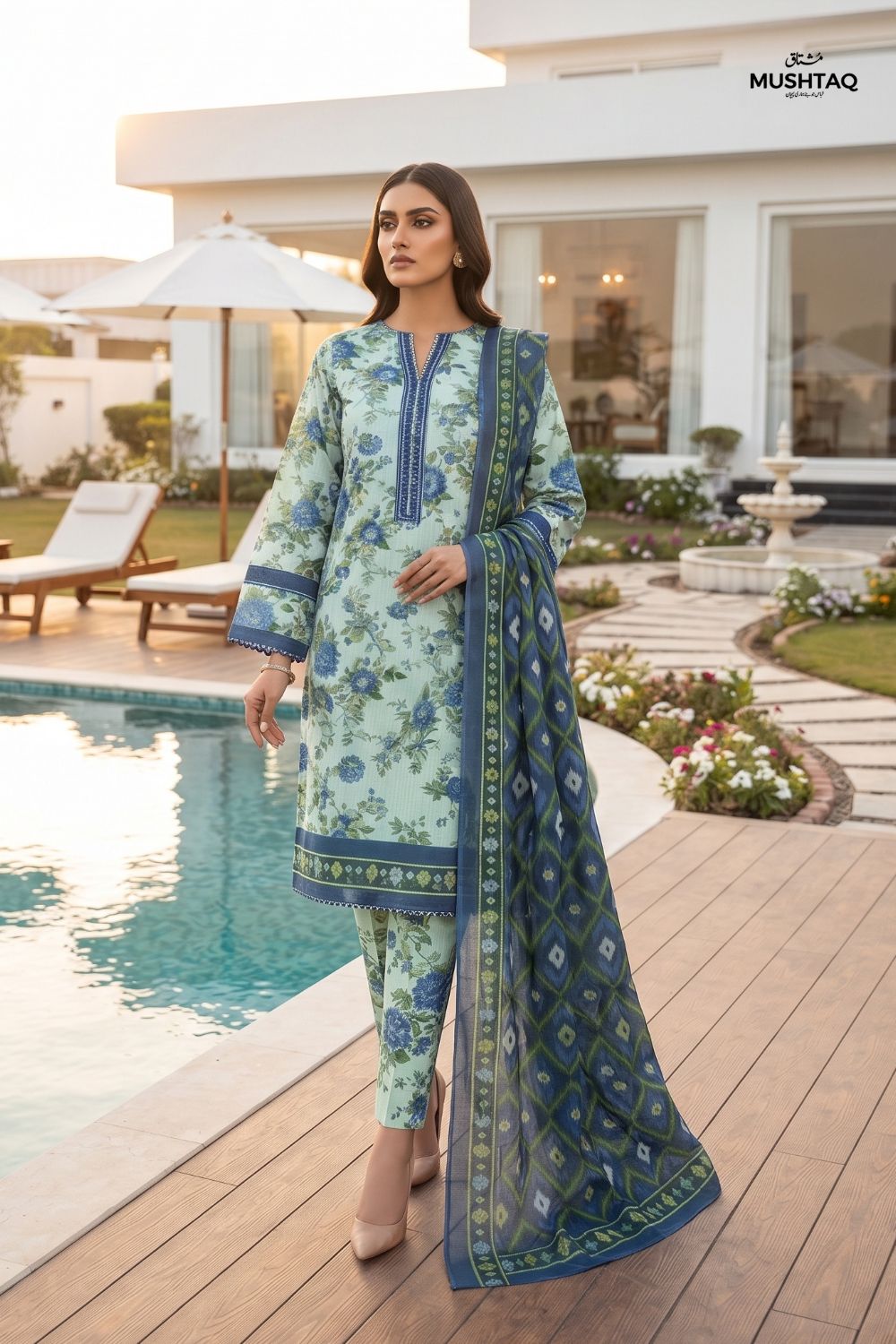 Mushtaq 3Pcs Unstitched Printed Lawn Naari Collection Desgin - 7
