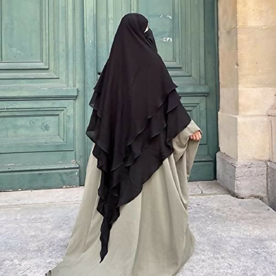 3 Layer Khimar Hijab Set with Niqab – Imported Chiffon 2 Piece Set Free Size Black