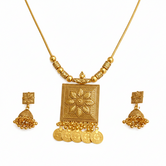 Traditional Gold-Tone Floral Pendant Necklace Set with Jhumka Earrings