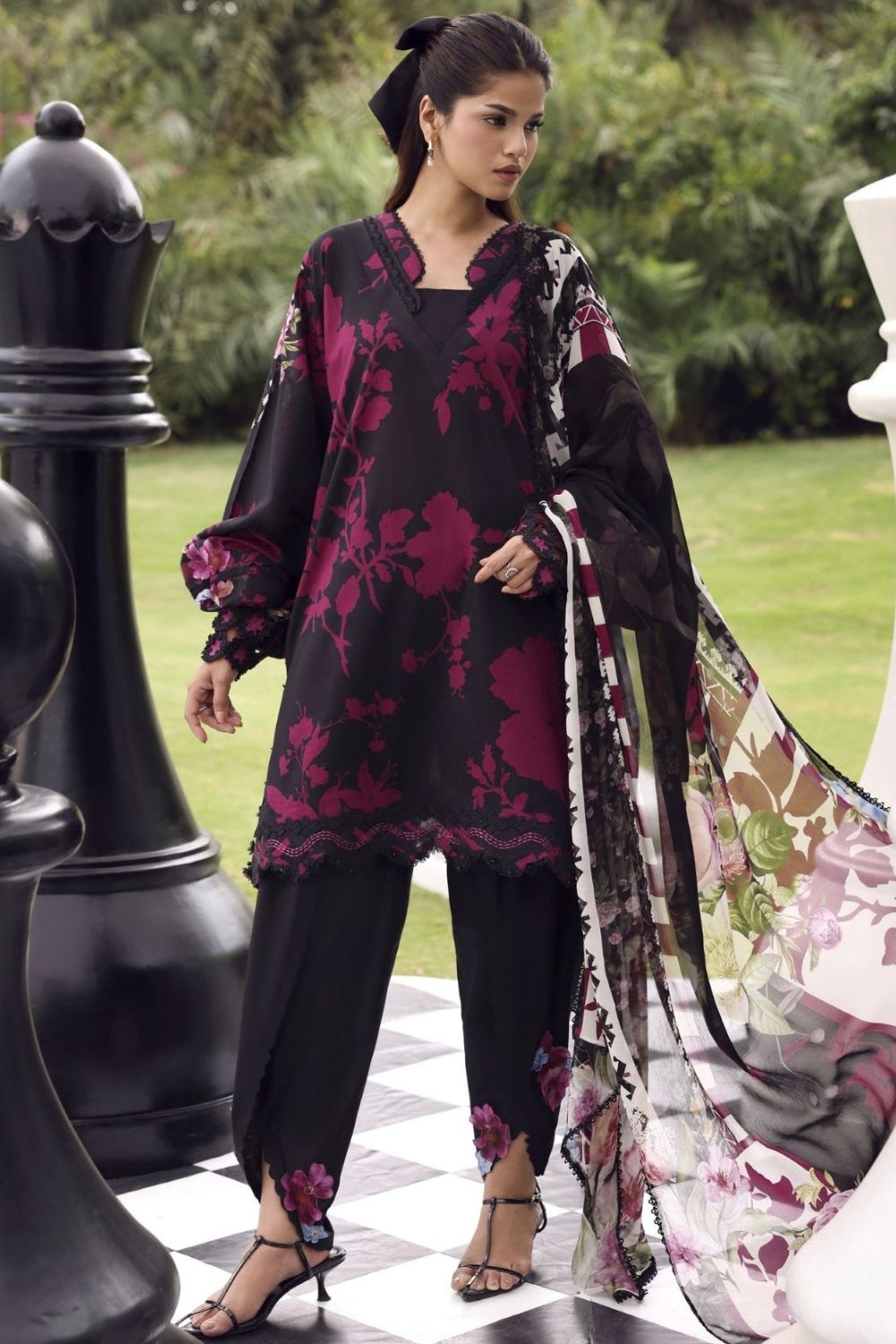 Elaf Premium 3Pc Unstitched Belladore  Printed Chiffon Suit EPA-4A SCARLET