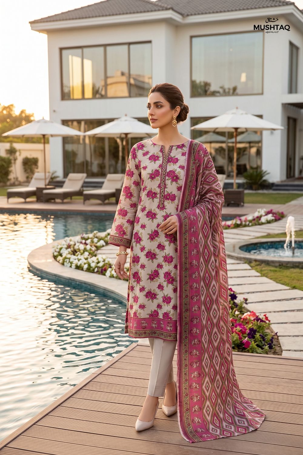 Mushtaq 3Pcs Unstitched Printed Lawn Naaz Collection Desgin - 1