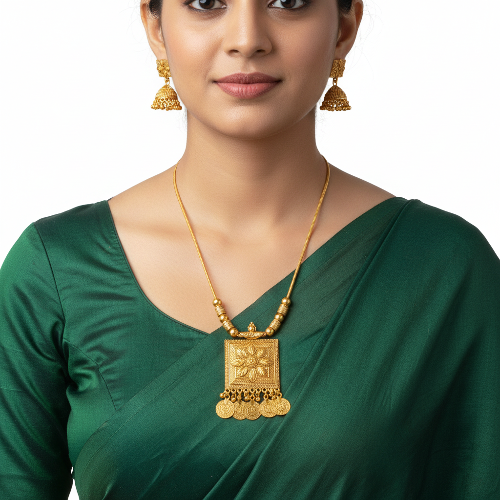 Traditional Gold-Tone Floral Pendant Necklace Set with Jhumka Earrings