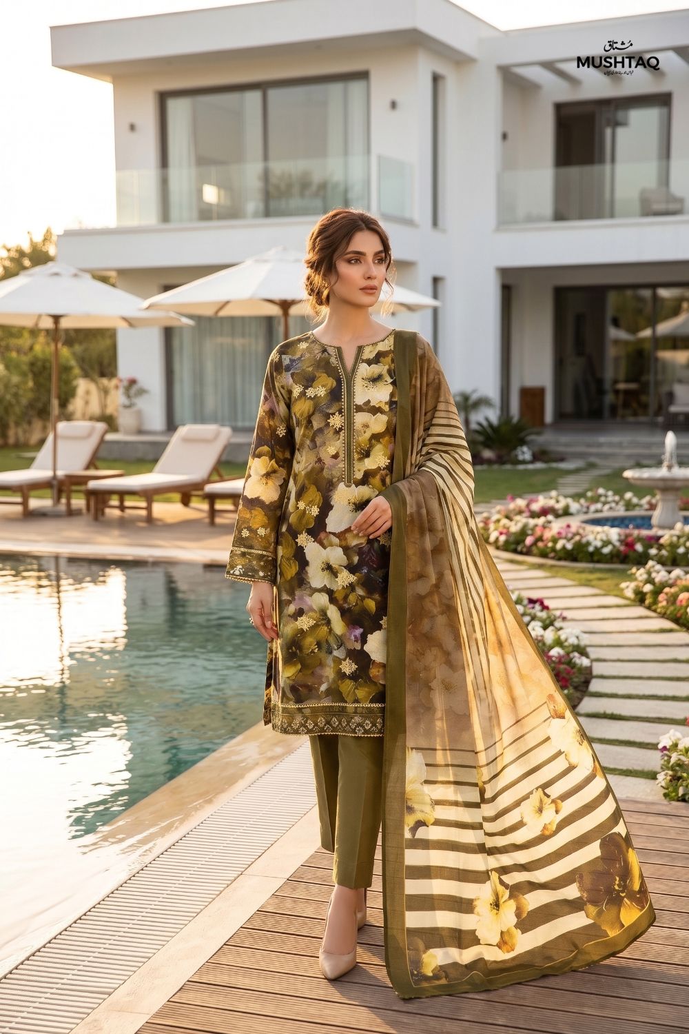 Mushtaq Noor-e-Haram Collection 3Pcs Unstitched Embroidered Lawn Desgin - 1
