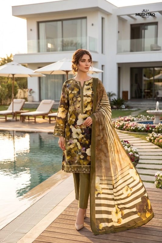 Mushtaq Noor-e-Haram Collection 3Pcs Unstitched Embroidered Lawn Desgin - 1