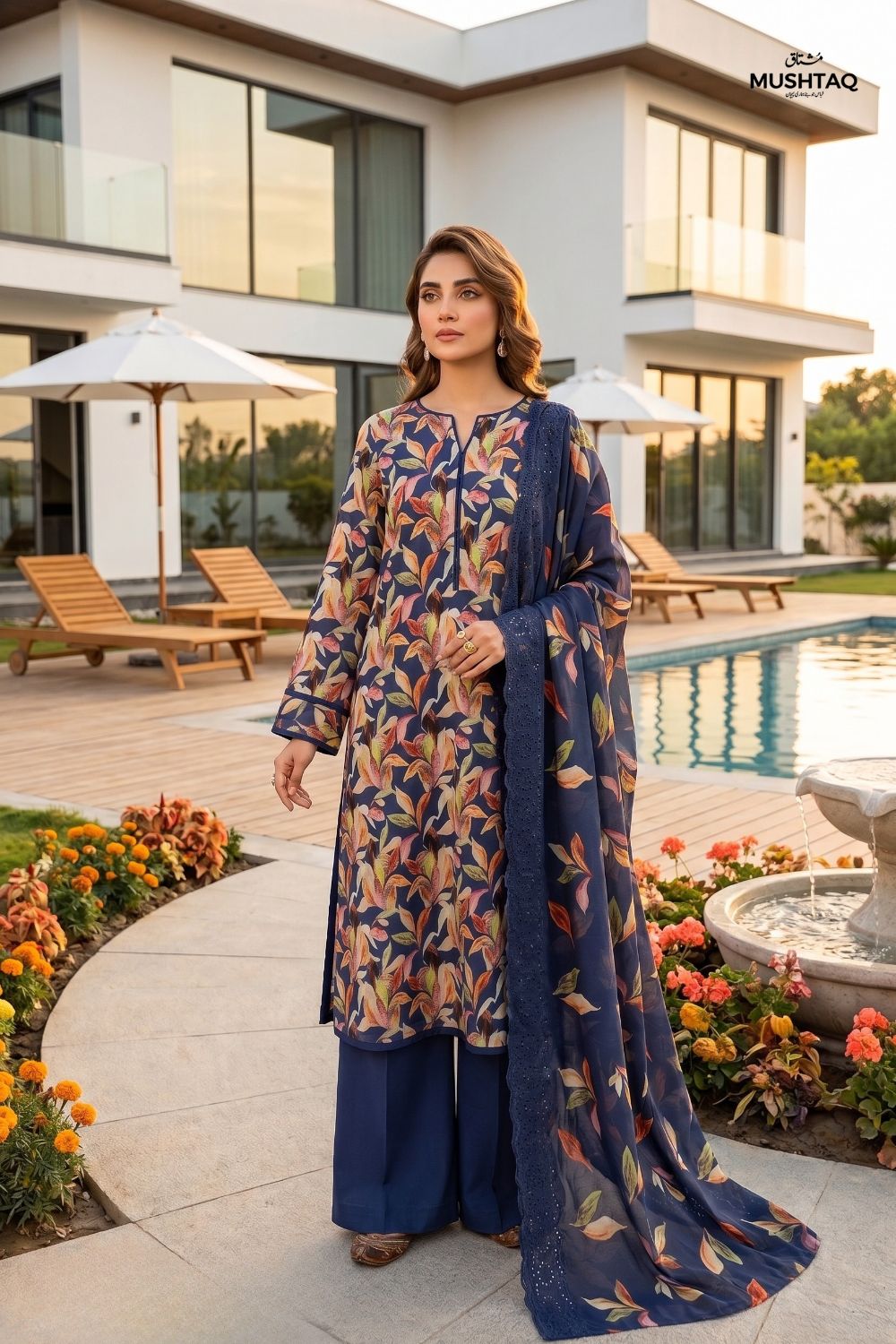 3-Piece Unstitched Printed Lawn Suit with Two-Sided Embroidered Dupatta | Mushtaq Esha Collection – Design 1