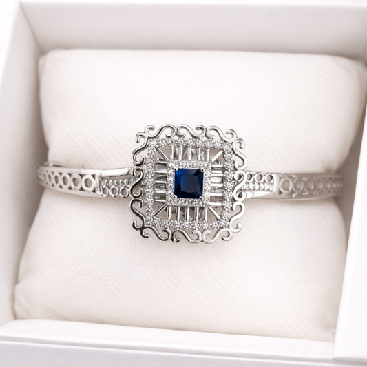 Adjustable Square Style Bangle – Silver Tone Blue Stone Design (Open Size Fit)