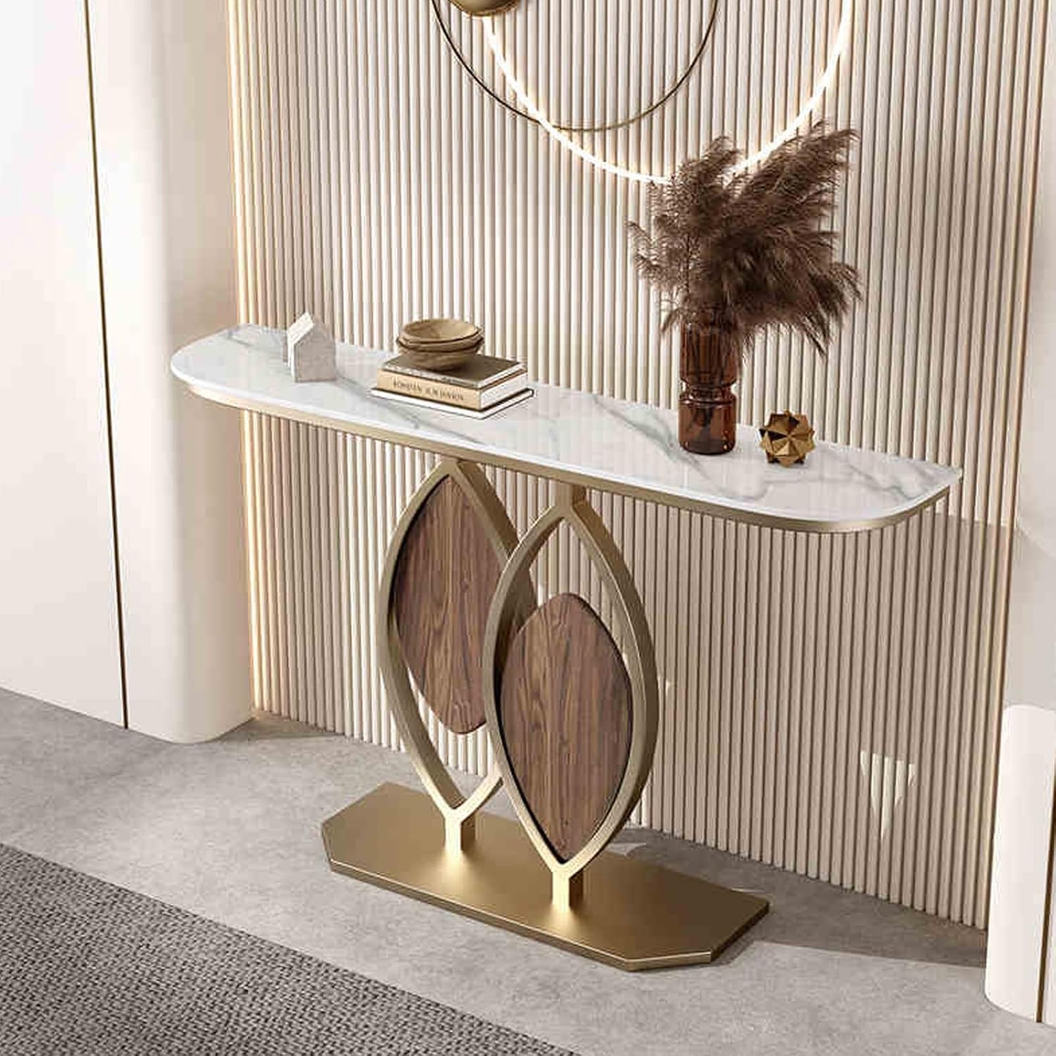 Boho Entryway Console Table with Storage – Narrow 120cm Sofa Table with Metal Base & Slate Top (White)
