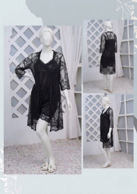 3 Pcs Luxurious Silk Net Black Lace Womens Sleepwear Set Top Short Gown Nightwear Free Size