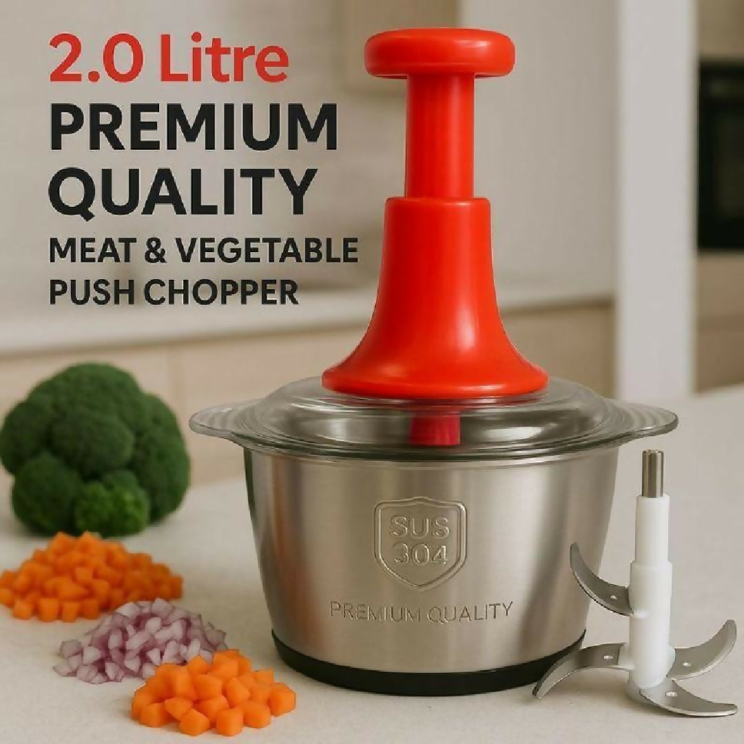 2L Manual Food Chopper - Stainless Steel Push Chopper - Kitchen Multi-purpose Vegetable and Nuts Chopper