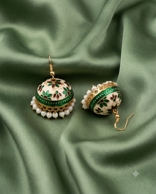 Emerald and Ivory Meenakari Dome Jhumkas
