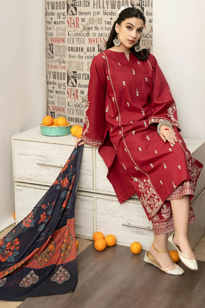 3PC LAWN EMBROIDERED SHIRT WITH MANAAR PRINTED DUPATTA AND EMBROIDERED TROUSER - HZG1595
