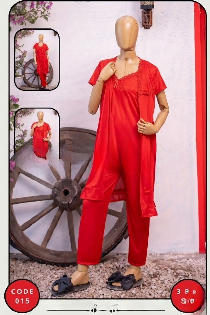 Luxury Silk 3-Piece Nightwear Set for Women Free Size Premium Satin Robe Pajama Suit