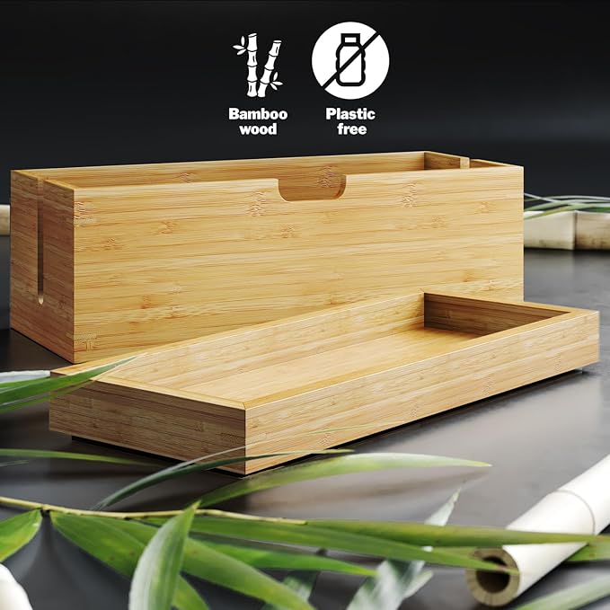 Bamboo Cable Box  Wooden Cord Organizer for Desk and Home Electronics
