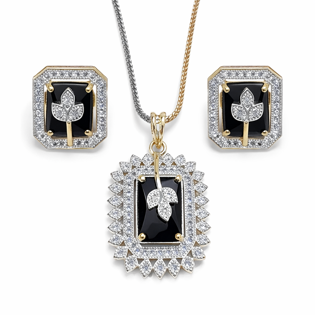 Indian Zircon Black Stone Locket Set with Two Toned Chain