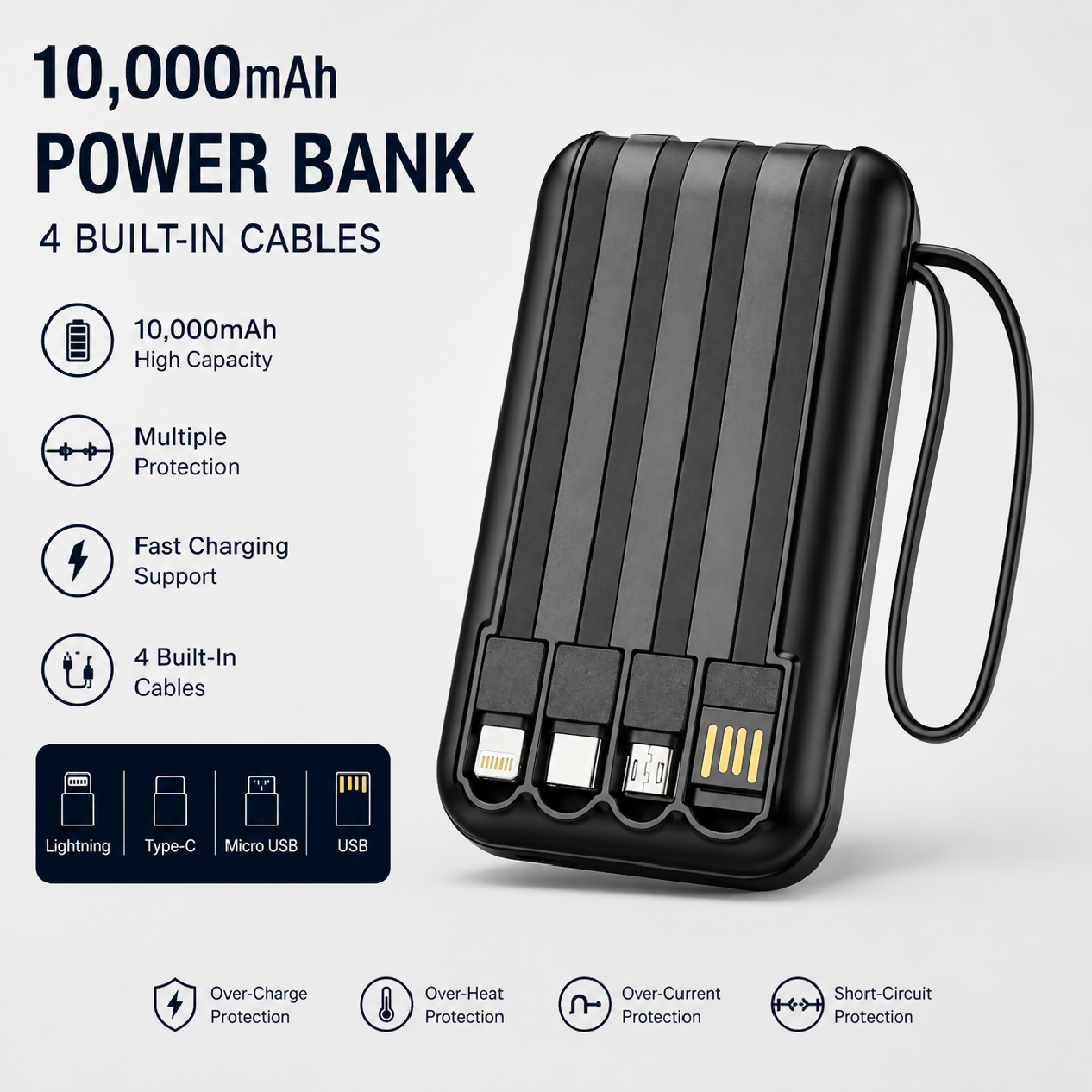 10000mAh Power Bank 4 Built In Cables Fast Charging LED Display Portable Power Bank Black