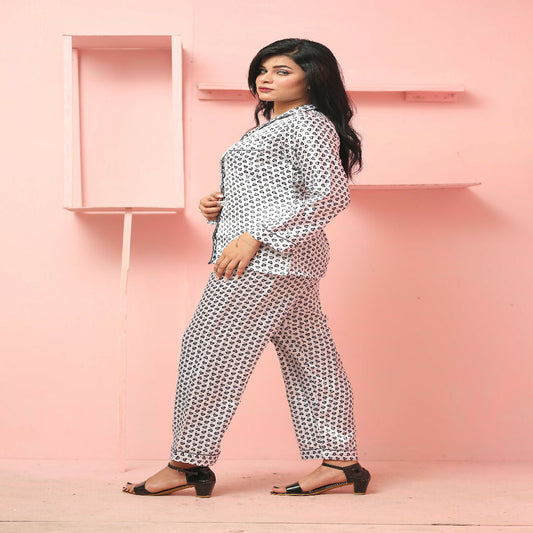 Grey Heart Print Night Suit – Womens Soft and Stylish Two-Piece Loungewear Set