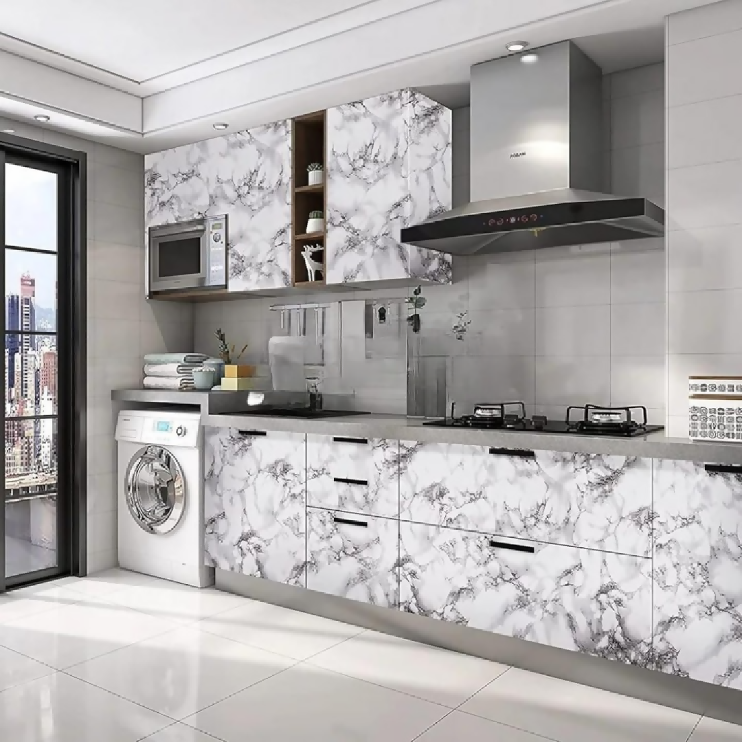 Self Adhesive Marble Sheet Sticker For Kitchen - 60x200 Cupboard Wall - Anti Oil And Heat Resistant - Black