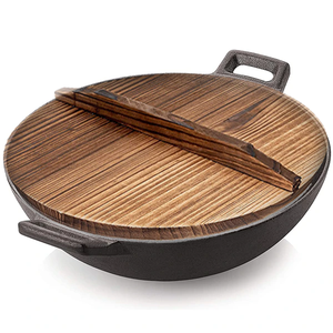 Wok 9 inch WD Wooden Base with Lid Compact Wok for Cooking and Serving