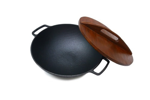 Wok 14 inch WD with Wooden Lid Large Wok for Cooking and Serving
