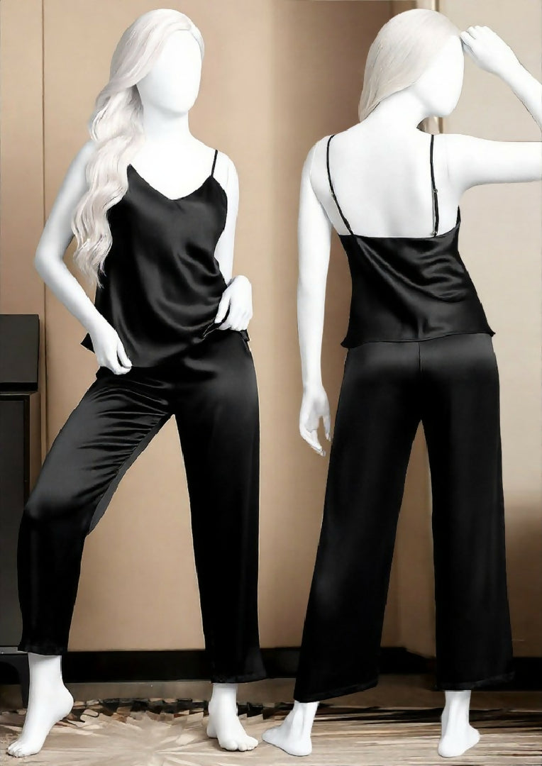 Satin Sleepwear Set - Spaghetti Top and Loose Trouser - Free Size