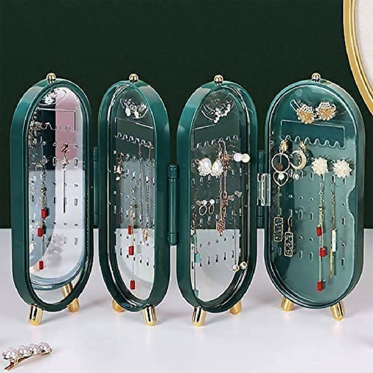 Jewellery Box Organiser with Mirror - Foldable Exquisite Dustproof Jewelry Storage Case Multi-Function Screen Shaped Metal Display Jewelry Stand for Earring - Necklace and Bracelet Random Color