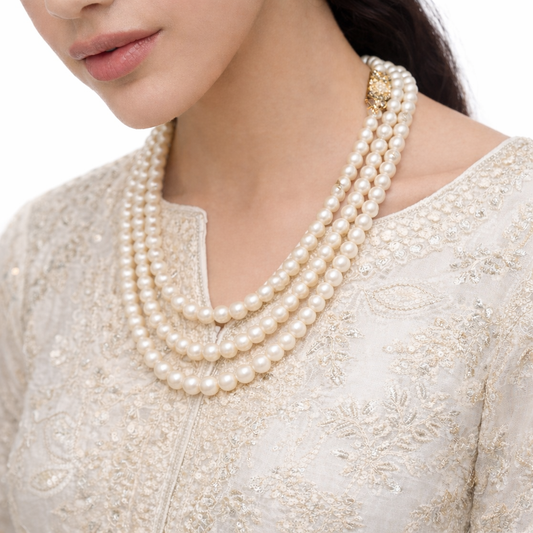 Triple Layer Pearl Mala Necklace – 32 Inch with Adjustable Dori