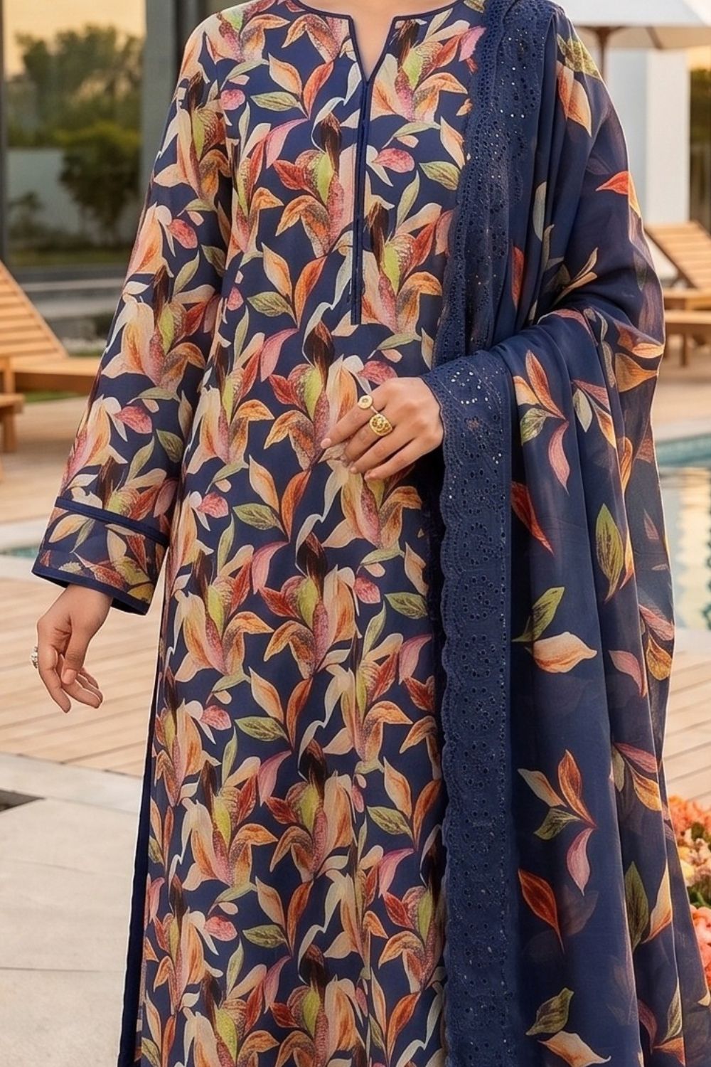 3-Piece Unstitched Printed Lawn Suit with Two-Sided Embroidered Dupatta | Mushtaq Esha Collection – Design 1