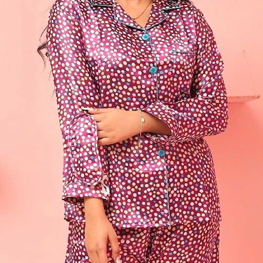 Magenta Multicolor Polka Dot Satin Night Suit – Stylish Two Piece Sleepwear Set