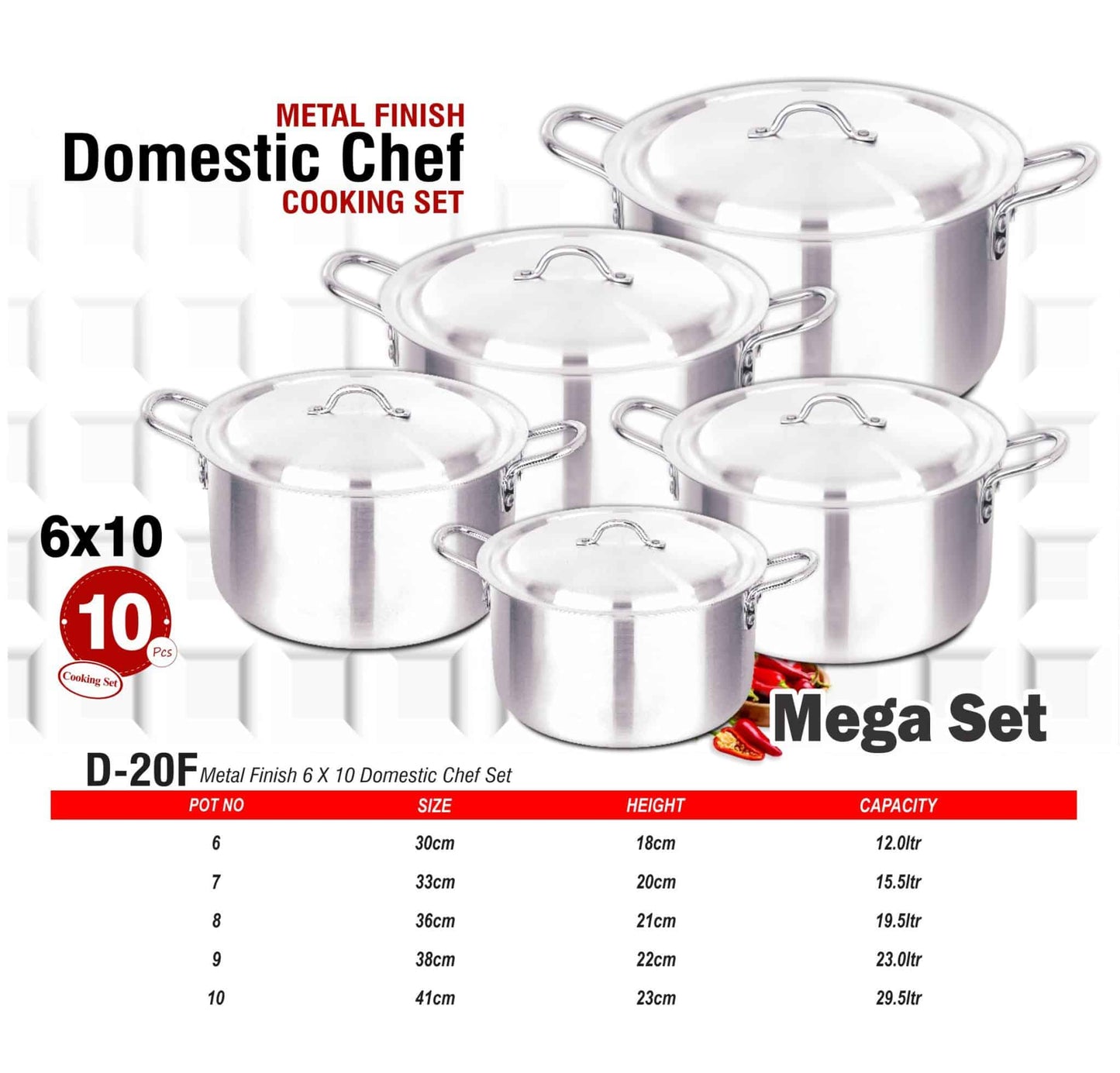 D-20F AL Cooking Set 6x10 Metal Finish - Majestic Cookware
